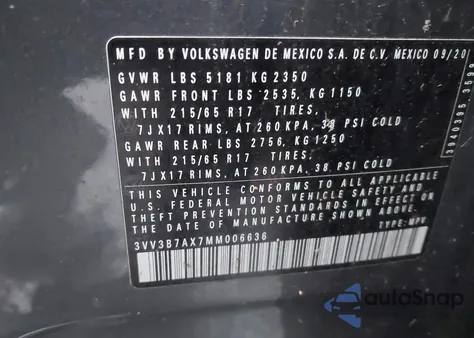 2021 Volkswagen Tiguan 2.0T Se/2.0T Se R-Line Black/2.0T Sel из США, поврежденный, VIN 3VV3B7AX7MM006636